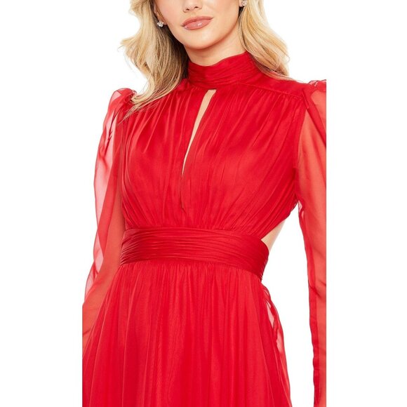 NWT Mac Duggal Chiffon High Neck Keyhole Puff Sleeve Lace Up Dress Red 8 - Picture 2 of 8